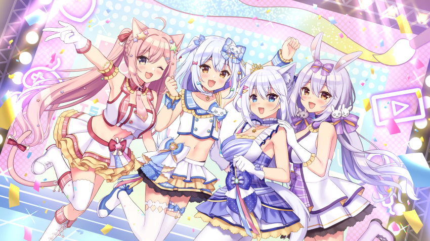 1boy 3girls ahoge animal_ear_fluff animal_ears blue_eyes blue_hair blush breasts brown_eyes cat_ears cat_tail crop_top dog_ears dog_hair_ornament dog_tail enomiya_milk gloves hair_between_eyes hair_ornament highres himesaki_yuzuru inuyama_tamaki large_breasts long_hair looking_at_viewer multiple_girls navel noripro one_eye_closed open_mouth otoko_no_ko pink_hair purple_eyes purple_hair rabbit_ears shirayuki_mishiro skirt star_(symbol) star_hair_ornament sumisaki_yuzuna tail thighhighs twintails two_side_up virtual_youtuber white_gloves white_thighhighs wrist_cuffs