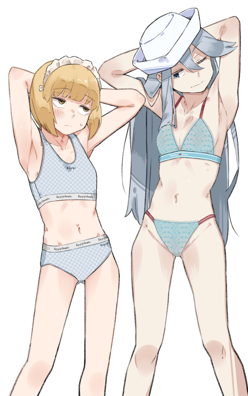 2girls absurdres armpits blue_eyes bra cutlass_(girls_und_panzer) flint_(girls_und_panzer) girls_und_panzer girls_und_panzer_saishuushou grey_hair hat highres long_hair military_hat multiple_girls panties sattinittas standing training_bra underwear underwear_only white_background white_headwear