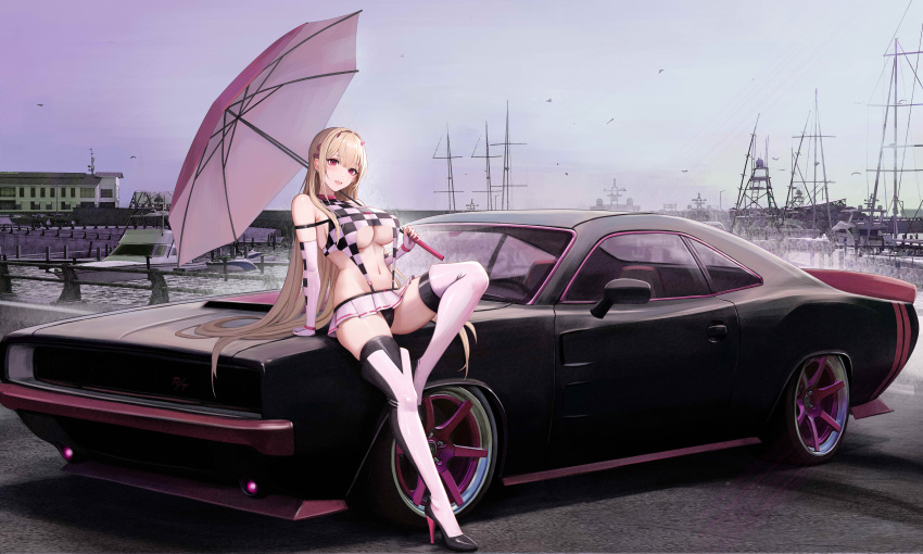 absurdres alternate_costume black_panties blonde_hair breasts car checkered_clothes commission dodge_(company) dodge_challenger dodge_challenger_(1st_generation) elbow_gloves female fingerless_gloves gloves goddess_of_victory:_nikke harbor high_heels highres holding holding_umbrella horns kcar66t leaning_against_vehicle leaning_back long_hair looking_at_viewer miniskirt motor_vehicle muscle_car nail_polish navel open_mouth outdoors panties pink_eyes pink_horns pink_nails pleated_skirt race_queen revealing_clothes sideboob skirt sleeveless sleeveless_turtleneck solo thighhighs turtleneck umbrella underboob underwear very_long_hair viper_(nikke) yacht