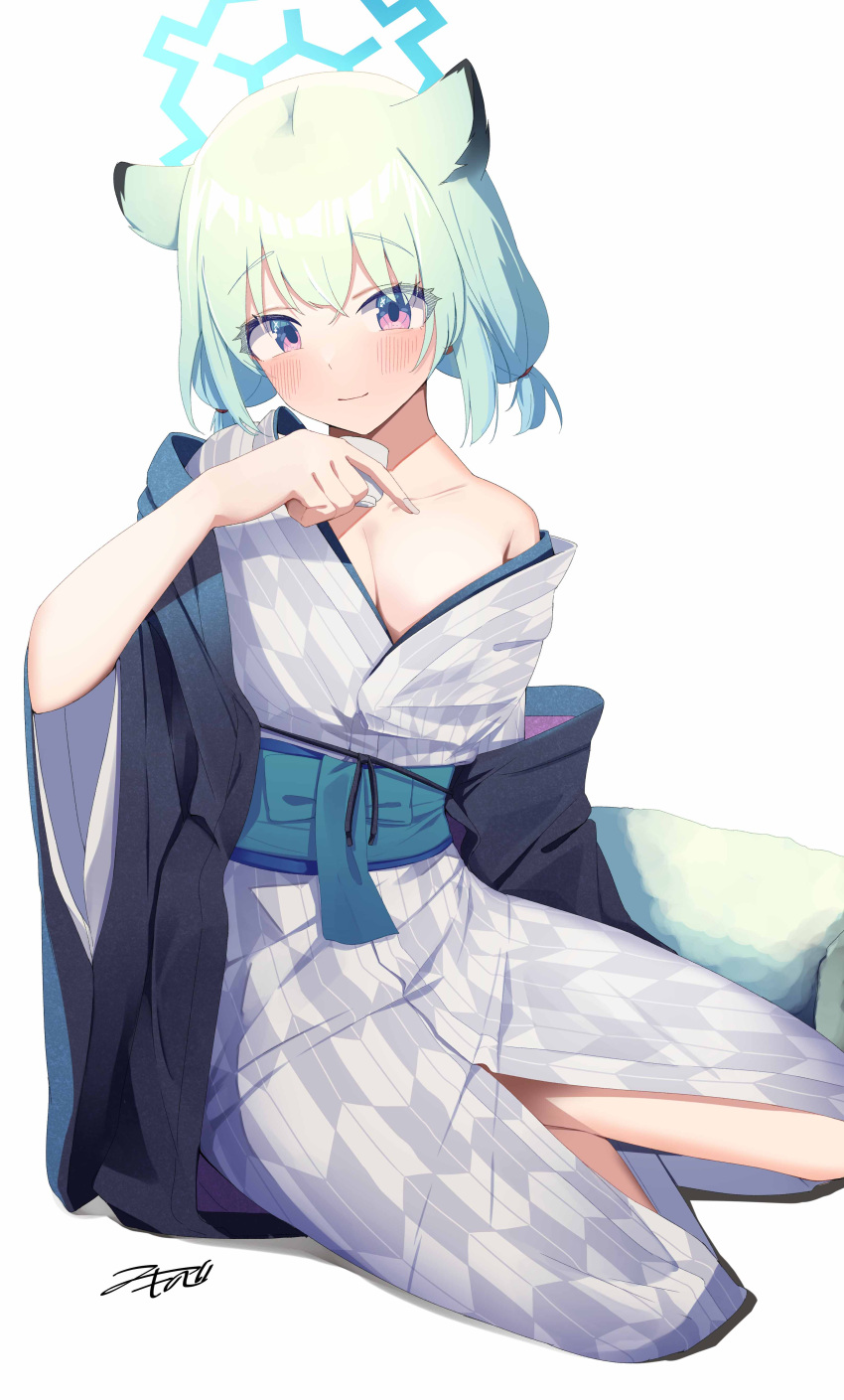 absurdres akinoji_(akiponpon27) animal_ears blue_archive blue_halo blush breasts cleavage closed_mouth collarbone commentary_request cup female fingernails green_hair grey_kimono halo highres holding holding_cup japanese_clothes kimono medium_breasts medium_hair obi official_alternate_costume purple_eyes sash shigure_(blue_archive) shigure_(hot_spring)_(blue_archive) signature simple_background smile solo tail weasel_ears weasel_tail white_background wide_sleeves