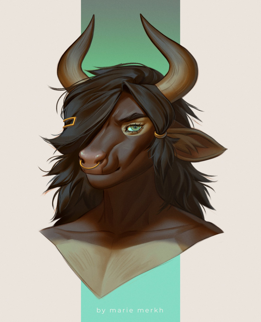 absurd_res anthro black_hair bovid bovine brown_body brown_horn brown_inner_ear_fluff bust_portrait cattle facial_piercing female front_view glistening glistening_eyes green_eyes hair hair_over_eye hi_res horn inner_ear_fluff looking_at_viewer mammal marie_merkh mouth_closed nose_piercing nose_ring one_eye_obstructed piercing portrait ring_piercing septum_piercing septum_ring solo tuft