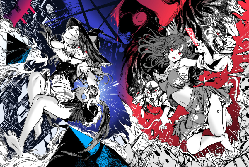 2girls absurdres animal_print apron arm_up armpits ascot back_bow barefoot bow breasts cat_print closed_mouth collared_vest commentary_request dated detached_sleeves eagle_spirit_(touhou) feathers frilled_bow frilled_hair_tubes frilled_skirt frills full_body greyscale_with_colored_background hair_tubes hairbow hakurei_reimu hand_up hands_up haniwa_(statue) hat hat_bow hat_feather highres holding holding_paper kirisame_marisa legs_up long_hair long_sleeves looking_at_viewer medium_breasts medium_hair mini-hakkero monochrome multiple_girls navel ofuda open_mouth paper partially_colored paw_print print_bow print_skirt print_vest qingwa_chi_she red_background red_eyes red_theme sarashi shirt signature skirt stomach sword teeth tongue torn_clothes torn_skirt torn_sleeves torn_vest touhou vest waist_apron weapon wide_sleeves wily_beast_and_weakest_creature witch_hat wolf wolf_spirit_(touhou)