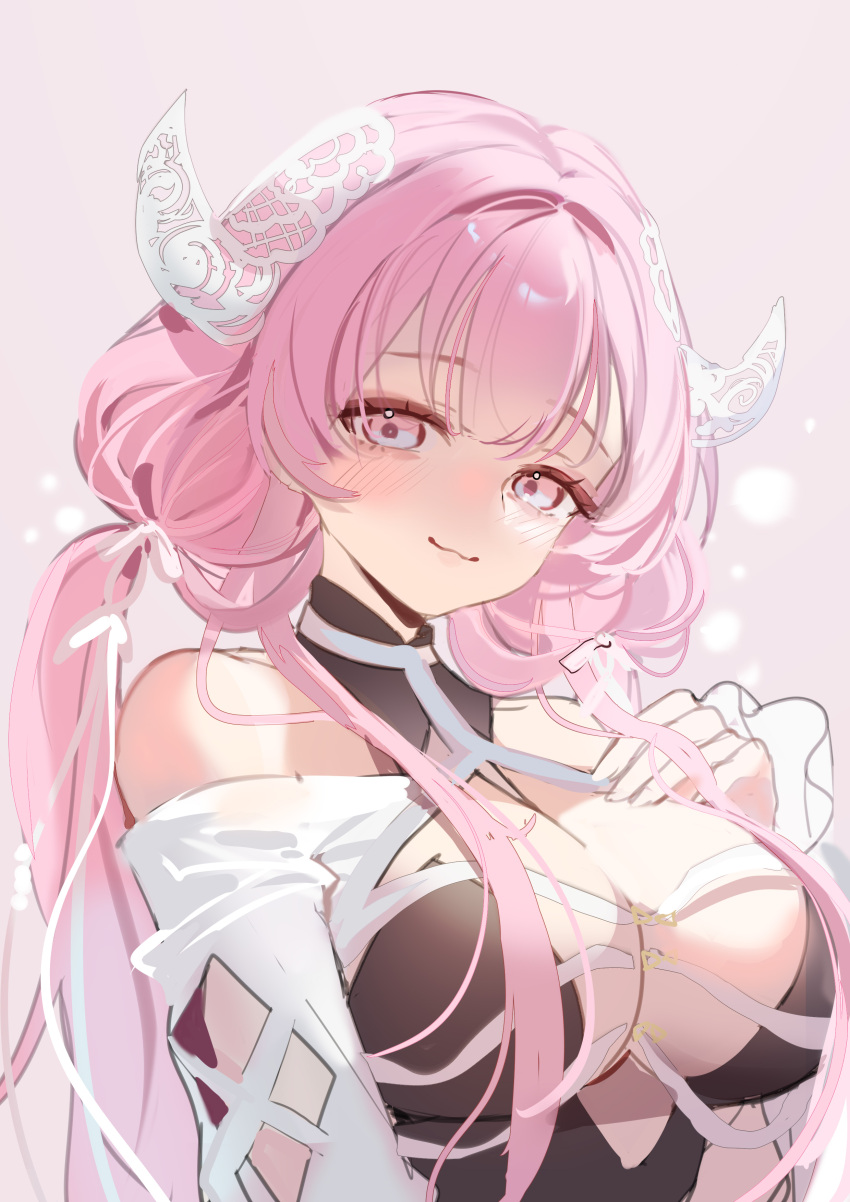 absurdres breasts cleavage female hair_intakes hand_on_own_chest highres horns large_breasts long_hair low_twintails melonyx pink_eyes pink_hair ruiuncle smile solo twintails upper_body virtual_youtuber white_horns yuzuki_ririna