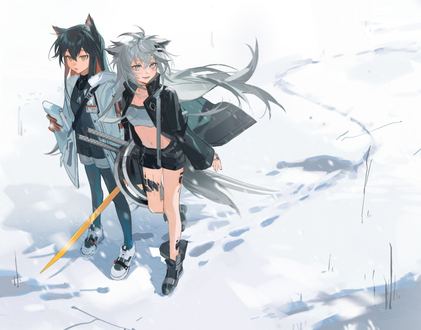 2girls animal_ears arknights bandeau black_footwear black_hair black_jacket black_shirt black_shorts blue_pantyhose coat colored_inner_hair footprints frown full_body gloves grey_bandeau grey_eyes grey_hair highres holding holding_sword holding_weapon id_card jacket lappland_(arknights) looking_at_viewer looking_to_the_side material_growth multicolored_hair multiple_girls multiple_swords navel orange_eyes oripathy_lesion_(arknights) outdoors pantyhose pantyhose_under_shorts parted_lips pinenut_sn red_gloves red_hair scar scar_across_eye shirt shorts smile snow stomach sword texas_(arknights) texas_(winter_messenger)_(arknights) walking weapon white_coat white_footwear white_shorts wolf_ears