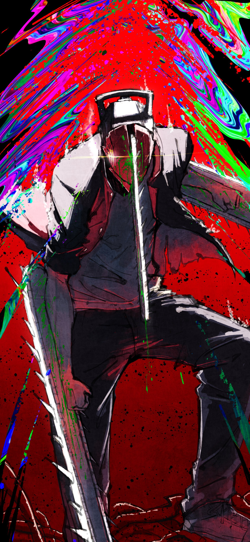 1boy absurdres black_pants blood blood_on_weapon blood_spray chainsaw chainsaw_man commentary_request denji_(chainsaw_man) erupusai2 glowing glowing_eye handle highres intestines jacket male_focus multicolored_background open_clothes open_jacket pants red_background shirt shoes simple_background sleeves_rolled_up solo stylized_blood torn_clothes weapon