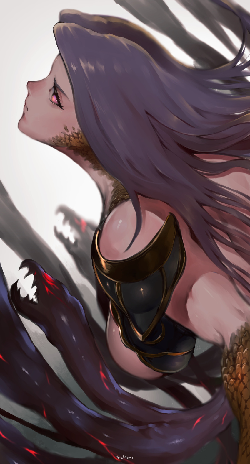 absurdres artist_name breasts closed_mouth fate/grand_order fate_(series) female gorgon_(fate) highres ibuo_(ibukht1015) large_breasts long_hair looking_at_viewer medusa_(fate) parted_bangs purple_eyes purple_hair sideways_glance slit_pupils snake_hair solo upper_body very_long_hair