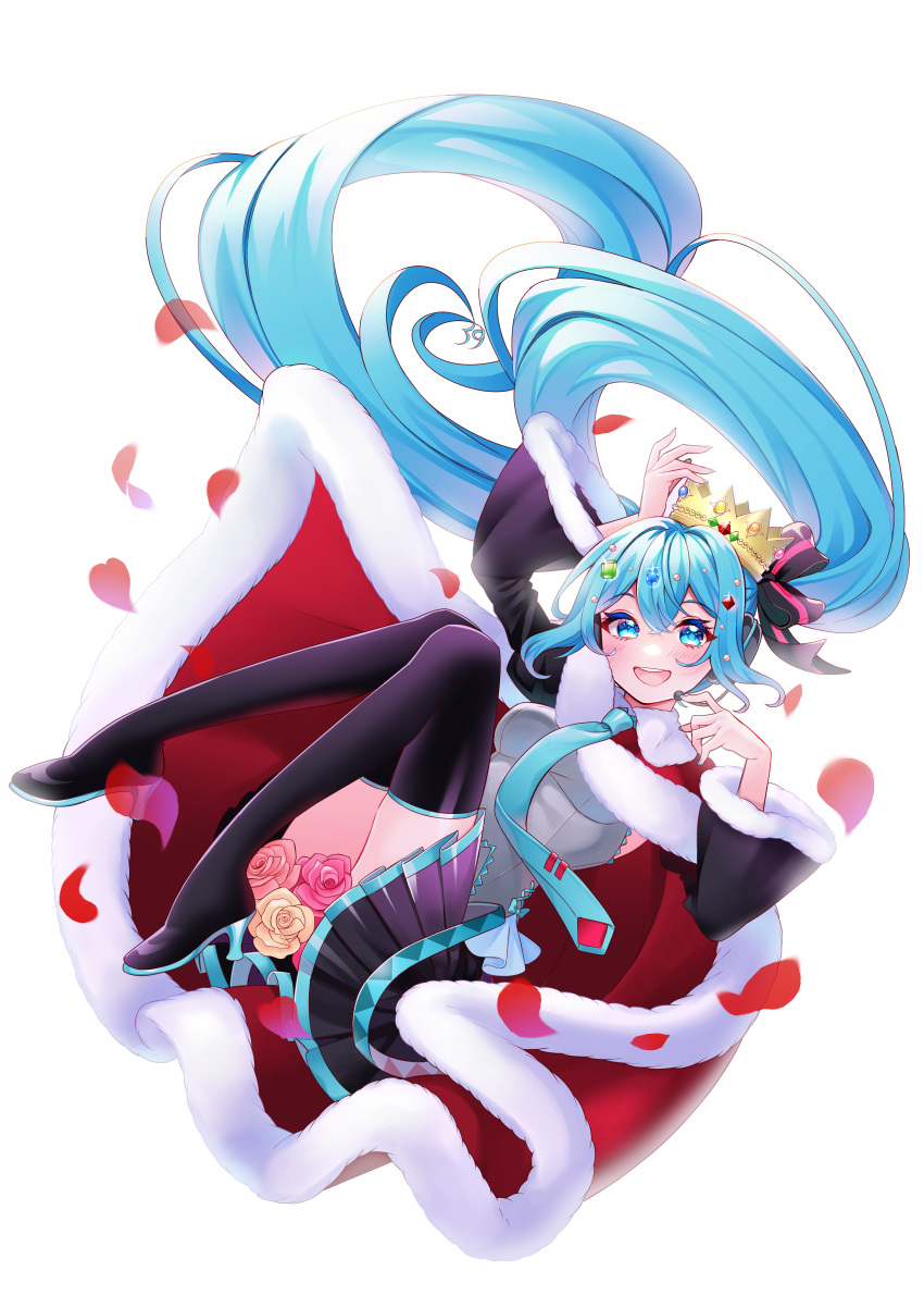 39 absurdres arm_up blue_eyes blue_hair blush boots bow cape commentary crown detached_sleeves female floating_hair flower flower_censor full_body fur-trimmed_cape fur-trimmed_sleeves fur_trim gem_hair_ornament hairbow hatsune_miku headphones headset highres knees_up long_hair long_sleeves looking_at_viewer masumofu necktie open_mouth petals pleated_skirt shirt skirt sleeveless sleeveless_shirt smile solo symbol-only_commentary thigh_boots twintails very_long_hair vocaloid