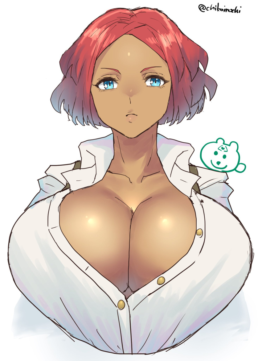 blue_eyes breasts bursting_breasts chibi chibi_inset chikoinochi dark-skinned_female dark_skin expressionless female giovanna_(guilty_gear) guilty_gear guilty_gear_strive highres huge_breasts looking_at_viewer no_bra parted_bangs partially_unbuttoned red_hair rei_(guilty_gear) shirt short_hair solo tented_shirt twitter_username unbuttoned unbuttoned_shirt upper_body white_shirt