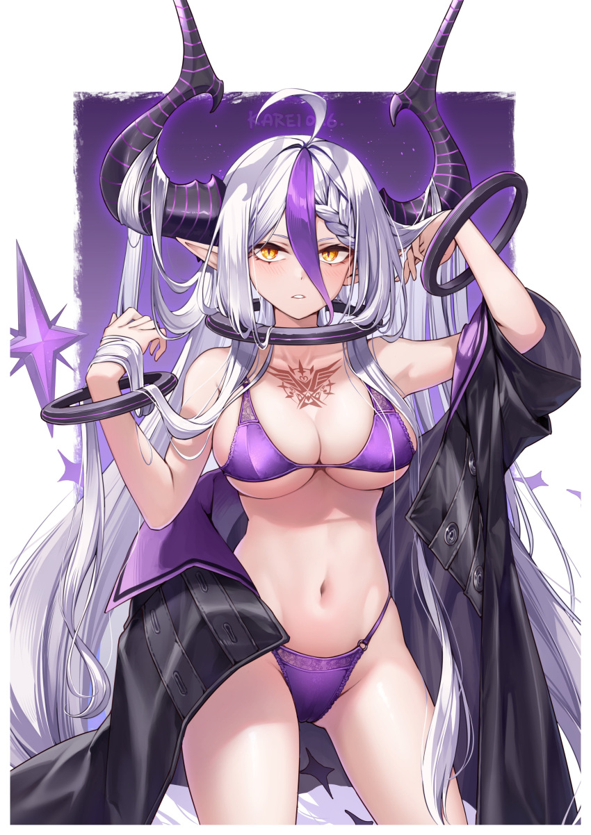 absurdres ahoge alternate_breast_size alternate_costume bare_shoulders black_horns black_jacket bra braid braided_bangs breasts chest_tattoo cleavage collar curry_bowl demon_horns female grey_hair hair_between_eyes highres hololive horns jacket la+_darknesss long_hair metal_collar multicolored_hair navel o-ring o-ring_bottom o-ring_panties open_clothes open_jacket panties pointy_ears purple_bra purple_hair purple_panties slit_pupils solo streaked_hair striped_horns tattoo underwear virtual_youtuber wrist_cuffs