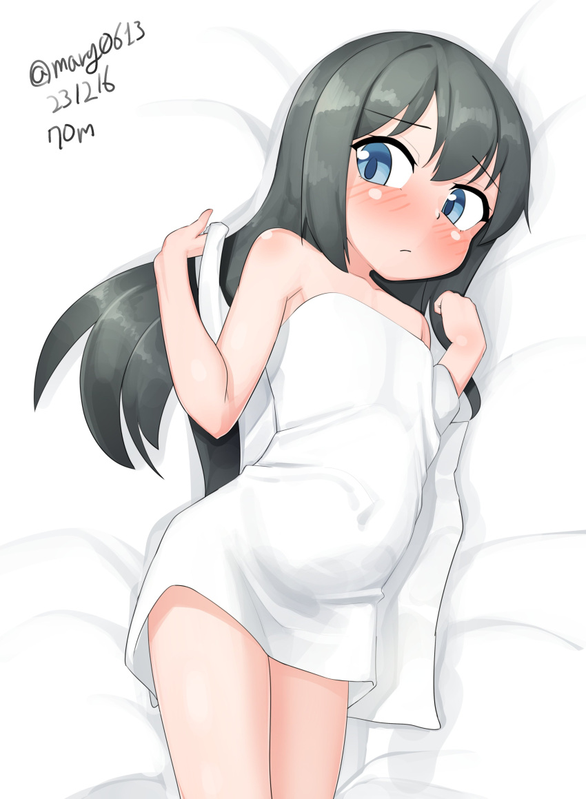 absurdres asashio_(kancolle) bare_shoulders black_hair blue_eyes cowboy_shot dated female flat_chest highres kantai_collection long_hair looking_at_viewer lying maru_(marg0613) naked_towel one-hour_drawing_challenge solo towel twitter_username