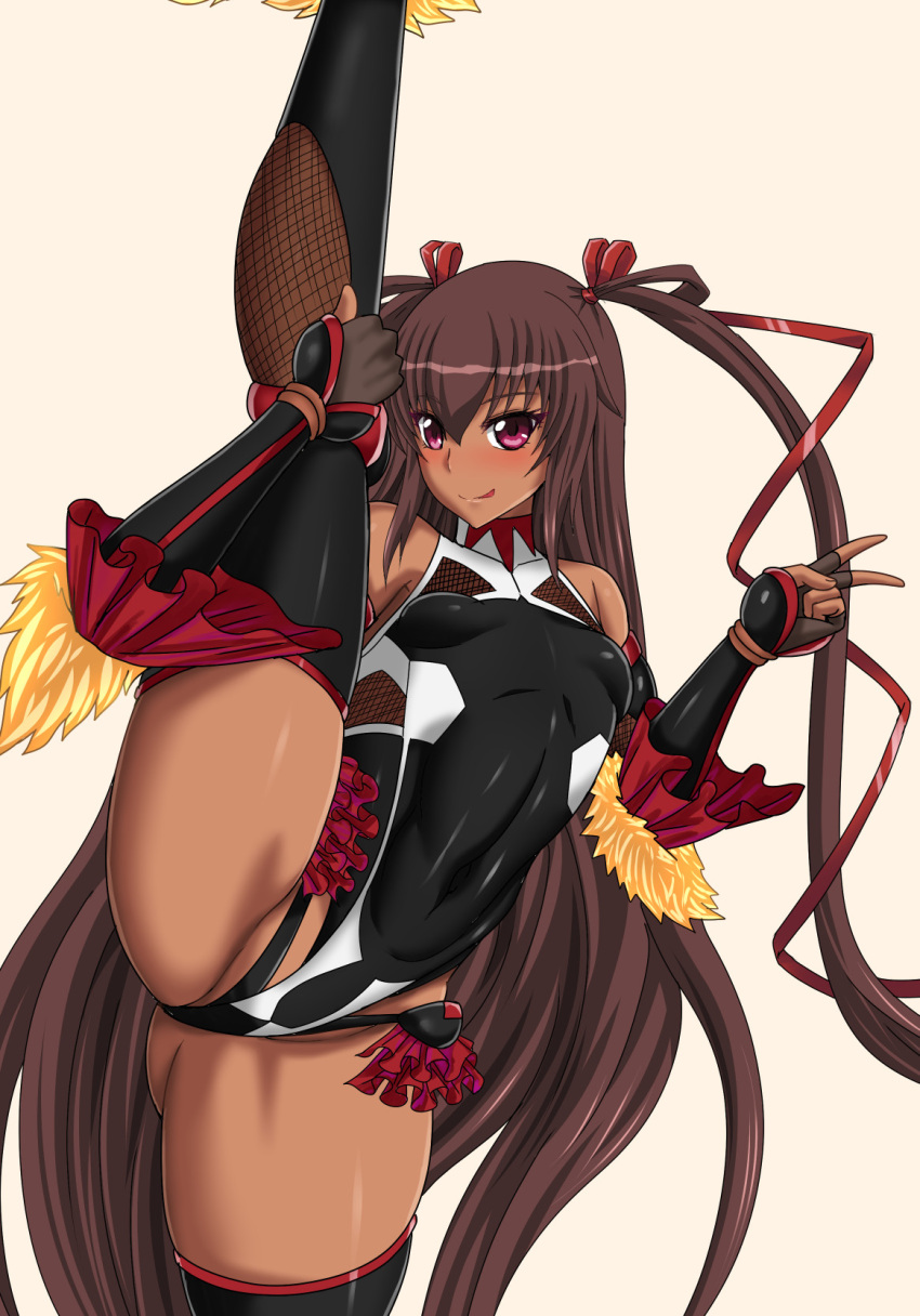 :p ass ass_visible_through_thighs blush breasts brown_background brown_hair dark-skinned_female dark_skin eyelashes female flexible groin groin_tendon hair_ribbon hair_tie highres holding_own_leg leg_lift leg_up licking_lips long_hair mizuki_yukikaze mizutani_rin purple_eyes red_ribbon ribbon sidelocks simple_background small_breasts smile solo split standing standing_on_one_leg standing_split taimanin_(series) taimanin_suit taimanin_yukikaze thighs tongue tongue_out two_side_up v