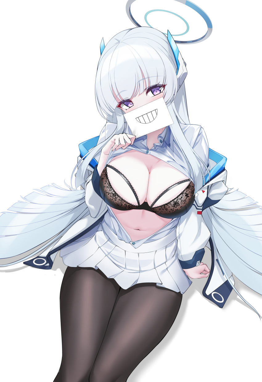 absurdres atsuko's_grin_(meme) black_bra blue_archive bra breasts covering_own_mouth elze_(s01047480836) female grey_hair halo highres jacket lace lace_bra long_hair long_sleeves looking_at_viewer mechanical_halo medium_breasts meme navel noa_(blue_archive) open_clothes open_shirt pantyhose purple_eyes shirt simple_background sitting solo underwear very_long_hair white_background white_hair white_jacket white_shirt