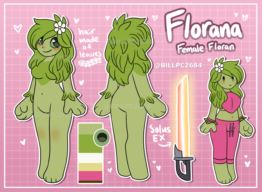 breasts daisy_(flower) elemental_creature elemental_humanoid female flora_fauna floran florana_terron flower green_body humanoid leaf leaves_on_body model_sheet nude pink_background plant plant_humanoid plasma_sword simple_background solo starbound stardustfoxart white_flower