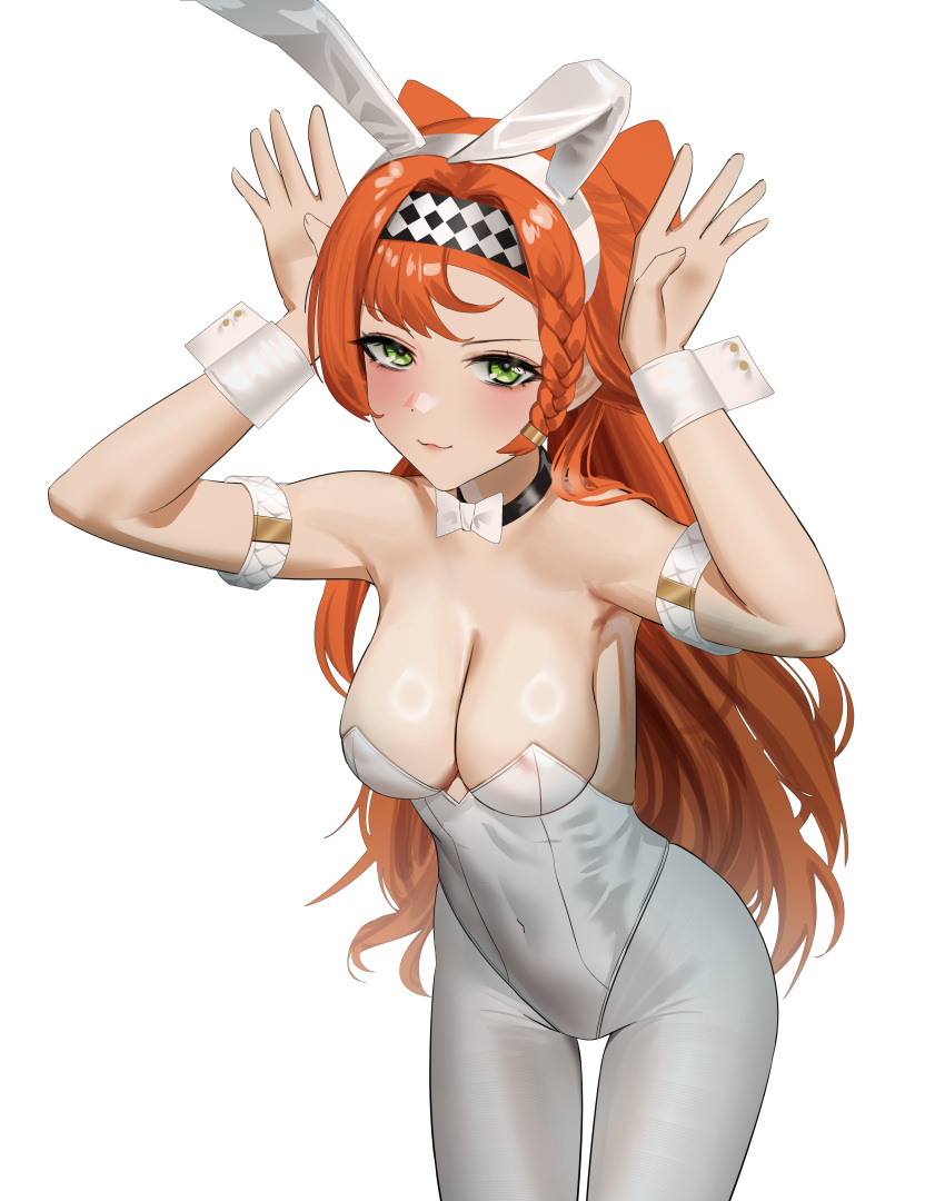 :3 absurdres animal_ears anoreika_tomoe armband blush bow bowtie braid breasts checkered_clothes checkered_headwear cleavage covered_navel cowboy_shot fake_animal_ears female green_eyes hairband hands_up highres large_breasts leotard long_hair looking_at_viewer orange_hair pantyhose pink_lips playboy_bunny rabbit_ears reverse:1999 simple_background solo sonetto_(reverse:1999) white_background white_bow white_bowtie white_leotard wrist_cuffs