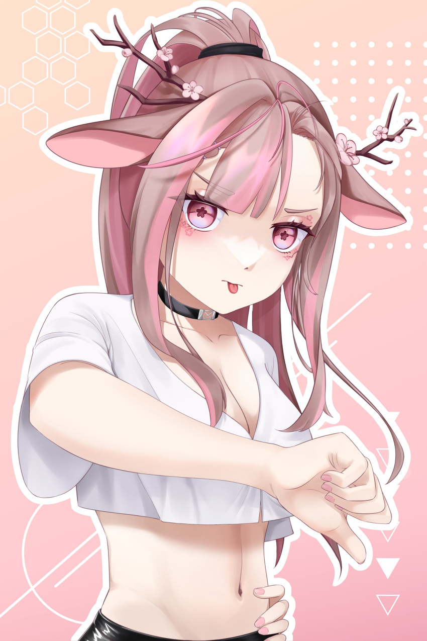 :p absurdres animal_ears black_choker breasts brown_hair choker cleavage crop_top deer_ears exitus female flower-shaped_pupils high_ponytail highres kannazuki_lubee large_breasts long_hair multicolored_hair pink_background pink_eyes pink_hair pink_nails shirt solo streaked_hair symbol-shaped_pupils thumbs_down tongue tongue_out uyi_(u_yiiii) virtual_youtuber white_shirt