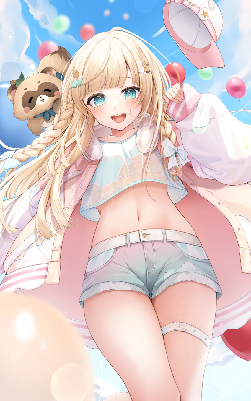 absurdres baseball_cap blonde_hair blue_eyes blue_shirt blue_shorts blunt_bangs bow braid crop_top crop_top_overhang day denim denim_shorts female gradient_clothes gradient_shorts hair_ornament hairbow hairclip hand_up hat headphones headphones_around_neck highres hololive jacket kazama_iroha kazama_iroha_(streetwear) long_hair long_sleeves looking_at_viewer midriff miyagi_ratona navel official_alternate_costume open_clothes open_jacket open_mouth outdoors pink_jacket see-through shirt short_shorts shorts smile solo standing stomach thigh_strap thighs twin_braids unworn_hat unworn_headwear virtual_youtuber