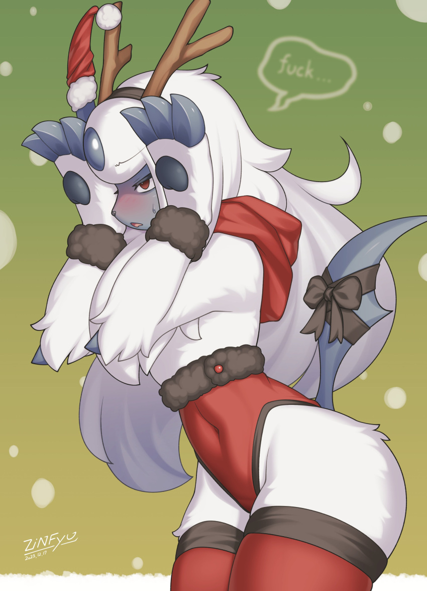 absol absurdres animal_hands animal_nose artist_name blush commentary_request cowboy_shot english_text female furry furry_female green_background highres long_hair lute_(zinfyu) navel open_mouth pokemon pokemon_(creature) profanity red_eyes reindeer snowing solo speech_bubble thighhighs white_fur white_hair zinfyu