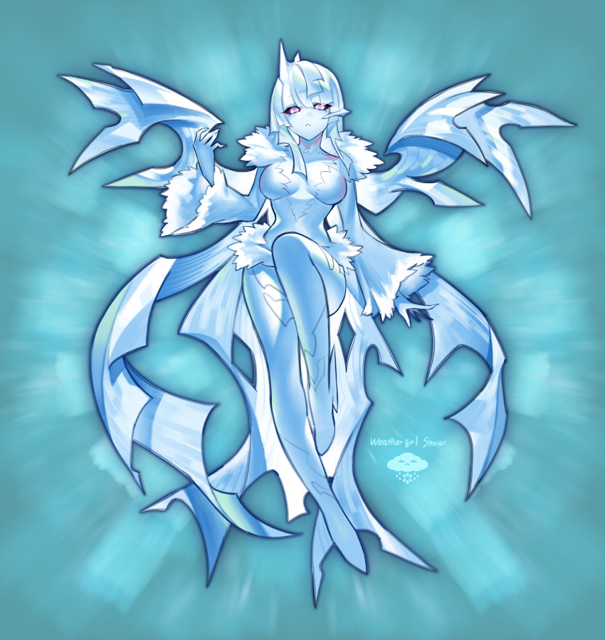 baniran_dorosu black_sclera blue_hair blue_skin breasts colored_sclera colored_skin female full_body fur_trim high_heels highres horns ice ice_wings looking_at_viewer medium_breasts monster_girl original pink_eyes single_horn snow_(baniran_dorosu) solo wide_sleeves wings