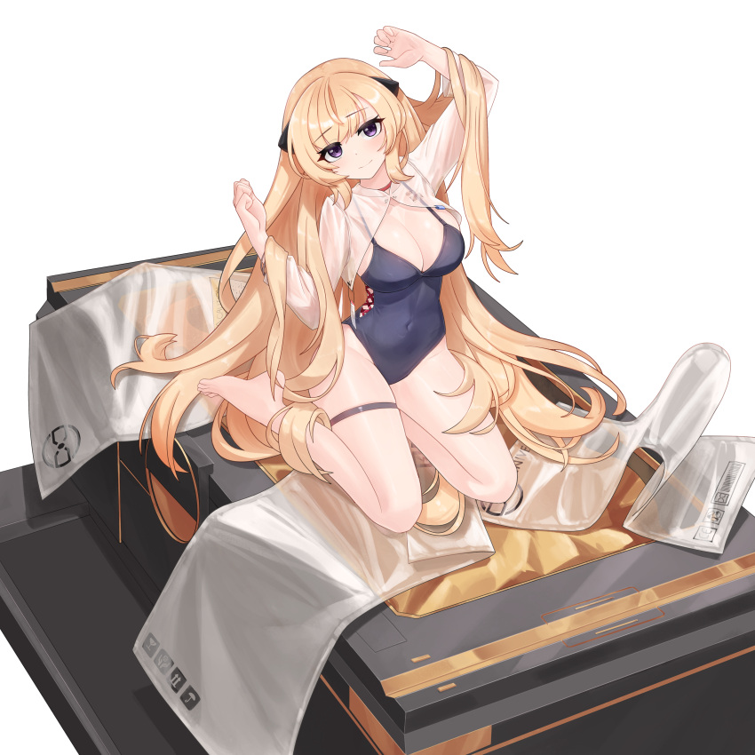 absurdres arm_up awakening_(neural_cloud) bag barefoot blonde_hair blue_leotard breasts cleavage closed_mouth collarbone commission covered_navel dated_commentary female full_body g3_(girls'_frontline) girls'_frontline girls'_frontline_neural_cloud hair_ornament hand_up highres large_breasts leotard long_hair looking_at_viewer nabiyan pixiv_commission plastic_bag purple_eyes see-through seiza sitting smile solo thigh_strap very_long_hair white_background