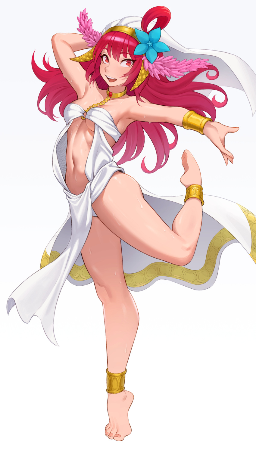 absurdres ankle_cuffs barefoot cheshirrr dancer feet female full_body hair_ornament harem_outfit highres long_hair magi_the_labyrinth_of_magic morgiana open_mouth red_eyes red_hair simple_background solo white_background