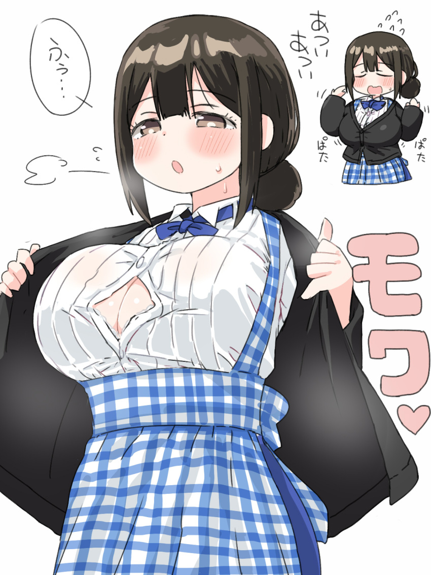 apron black_hair black_jacket blue_apron blue_bow blue_bowtie bow bowtie breasts brown_eyes bursting_breasts button_gap checkered_apron checkered_clothes cleavage commentary_request female flying_sweatdrops gingham_apron hair_bun highres hot jacket kobeya kobeya_uniform large_breasts naitou_kouse original partially_unbuttoned plaid plaid_apron plaid_skirt single_hair_bun skirt solo steaming_body sweat translation_request undressing