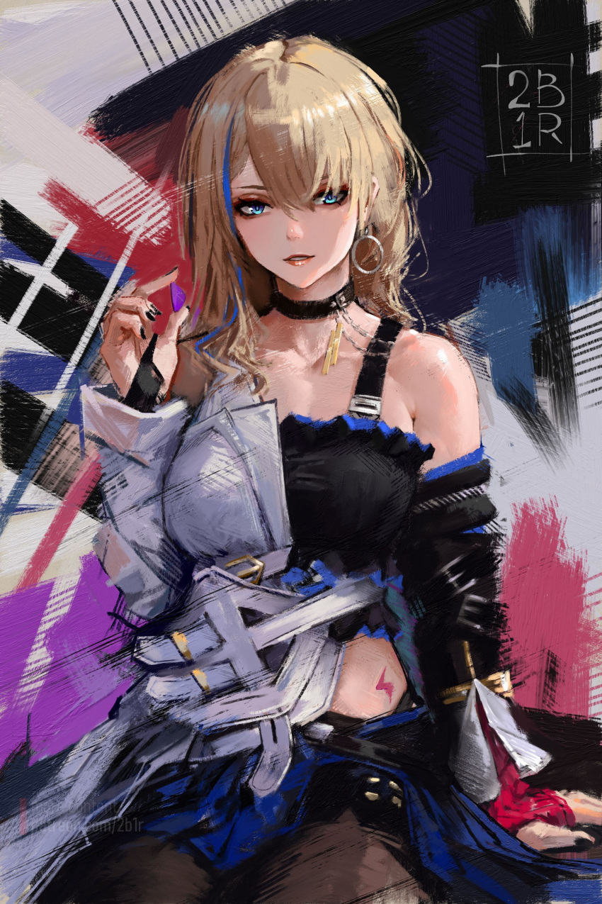 absurdres artist_name asymmetrical_clothes bare_shoulders black_choker black_nails blonde_hair blue_eyes blue_hair blush breasts choker collarbone commentary earrings faux_traditional_media female fingernails hair_between_eyes highres holding holding_plectrum honkai:_star_rail honkai_(series) hoop_earrings impasto jacket jewelry large_breasts lightning_bolt_symbol long_hair long_sleeves looking_at_viewer multicolored_hair nail_polish painterly parted_lips plectrum ravine_bells serval_landau sitting solo streaked_hair teeth tied_jacket white_sleeves