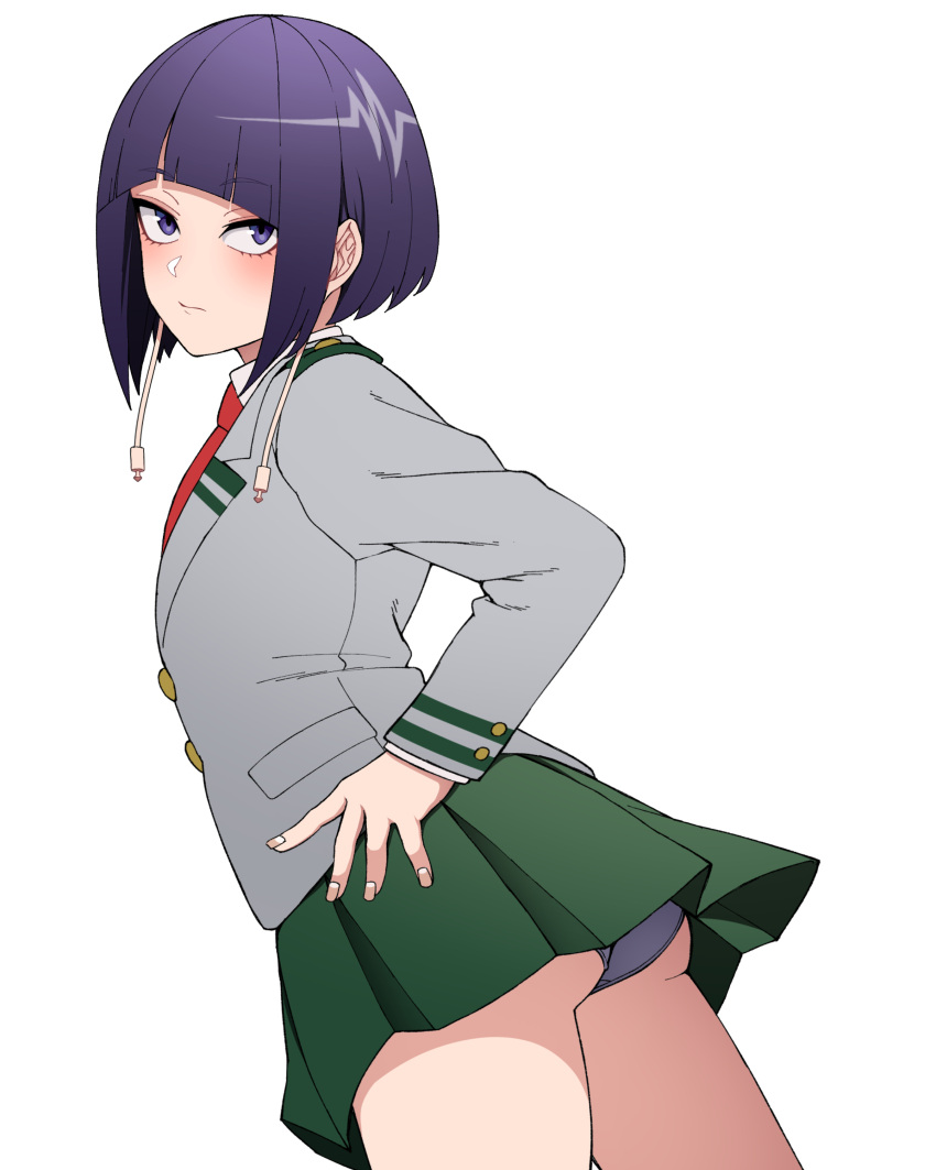 absurdres ass audio_jack blue_eyes blush boku_no_hero_academia breasts buttons cowboy_shot dutch_angle female green_skirt grey_jacket grey_panties highres jacket jirou_kyouka kobaji long_earlobes long_sleeves miniskirt necktie panties pantyshot pleated_skirt purple_hair red_necktie school_uniform short_hair simple_background skirt underwear upskirt white_background