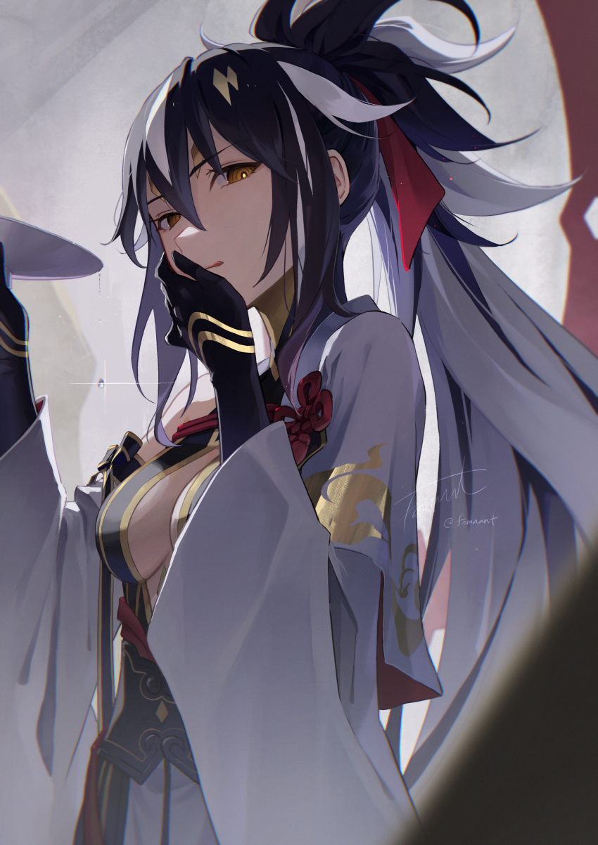 bare_shoulders black_gloves black_hair black_shirt black_skirt breasts center_opening cleavage cup detached_sleeves facial_mark fate/grand_order fate_(series) female fomnant forehead_mark gloves gold_trim hair_between_eyes halterneck high_ponytail highres layered_skirt licking_lips long_hair looking_at_viewer medium_breasts multicolored_hair nagao_kagetora_(fate) sakazuki shirt sidelocks skirt solo tongue tongue_out two-tone_hair uesugi_kenshin_(fate) uesugi_kenshin_(third_ascension)_(fate) very_long_hair white_hair white_skirt wide_sleeves yellow_eyes