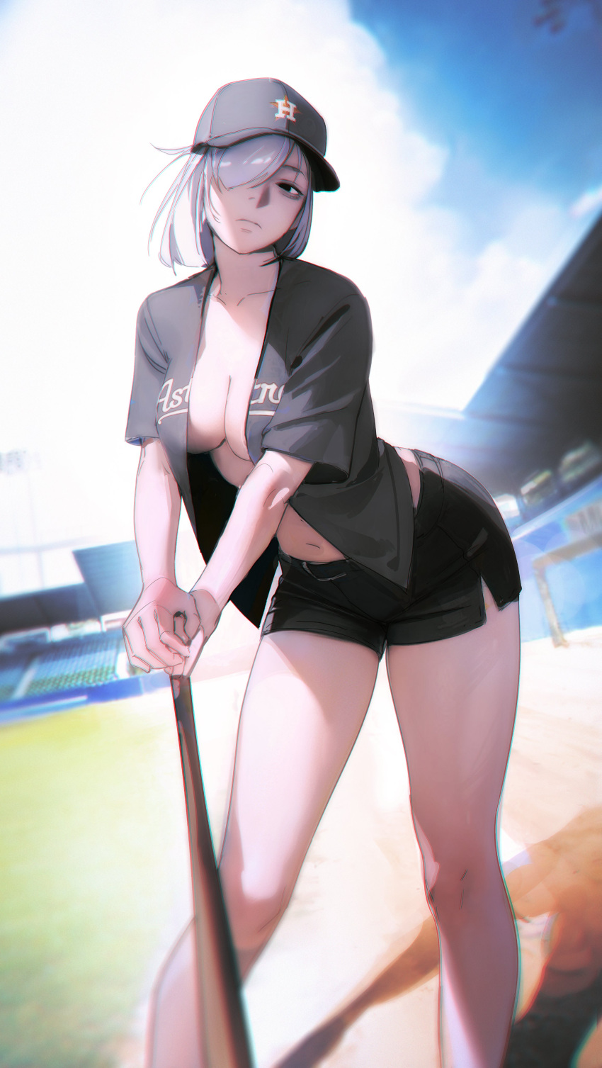 absurdres baseball_bat baseball_cap baseball_jersey baseball_stadium baseball_uniform black_shorts blue_sky blurry breasts cleavage closed_mouth cloud cloudy_sky collarbone depth_of_field expressionless female fiona_frost grey_hat grey_shirt hair_over_one_eye hat highres holding holding_baseball_bat houston_astros jersey leaning_forward limart major_league_baseball medium_breasts navel open_clothes open_shirt outdoors shirt short_hair short_shorts short_sleeves shorts sky solo sportswear spy_x_family standing white_hair