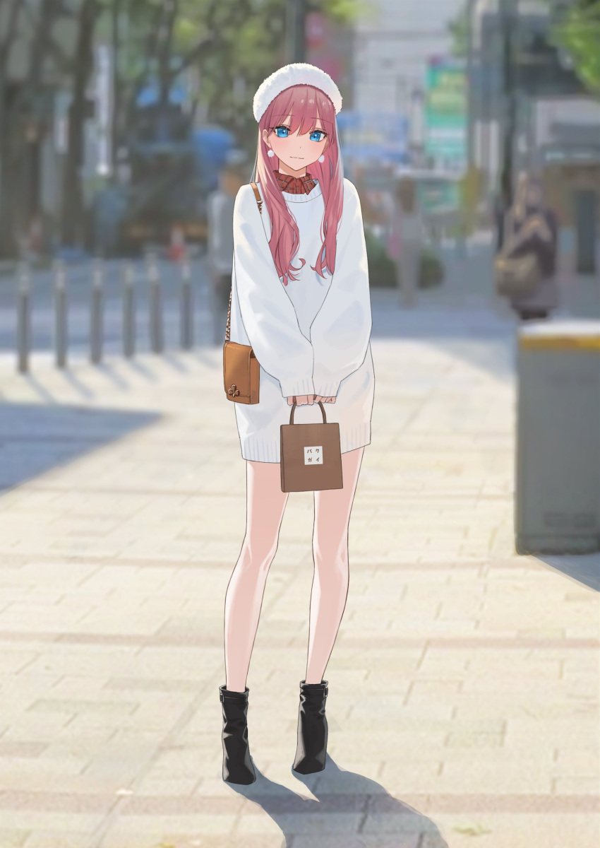 1other absurdres bag black_footwear blue_eyes blurry blurry_background brick_floor brown_bag casual closed_mouth commentary crosswalk female handbag hara_kenshi highres holding holding_bag kuroba_mitsuha light_blush light_smile long_hair long_sleeves looking_at_viewer original outdoors pink_hair plaid plaid_shirt puffy_long_sleeves puffy_sleeves red_shirt shirt shopping_bag shoulder_bag solo_focus standing sweater v_arms white_headwear white_sweater