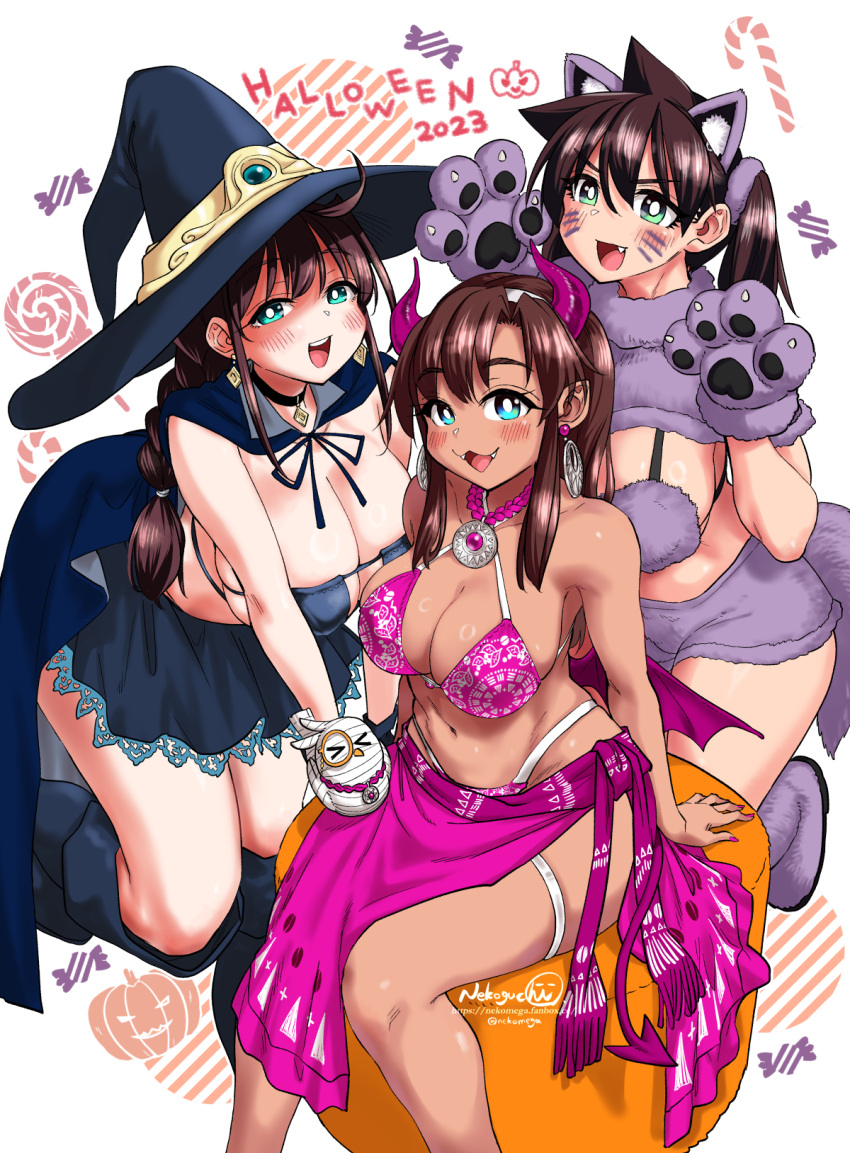 3girls :3 :d ahoge amano_megumi amano_megumi_wa_suki_darake! animal_ears animal_hands aqua_eyes artist_name bikini black_bikini black_cape black_headwear black_skirt boots braid braided_ponytail breasts brown_hair cape criss-cross_halter dark-skinned_female dark_skin demon_girl demon_horns earrings eyepatch_bikini facial_mark fake_animal_ears fake_tail fanbox_username fangs gloves green_eyes halloween halloween_costume halterneck hat highres horns jewelry kono_manga_no_heroine_wa_morisaki_amane_desu large_breasts low_wings mocha_(nekoguchi) morisaki_amane multiple_girls nail_polish navel necklace nekoguchi oerba_yun_fang paw_gloves pink_bikini pink_nails pink_sarong purple_shorts shorts side_ponytail signature skirt smile swimsuit tail thick_thighs thighs twitter_username whisker_markings wings witch_hat