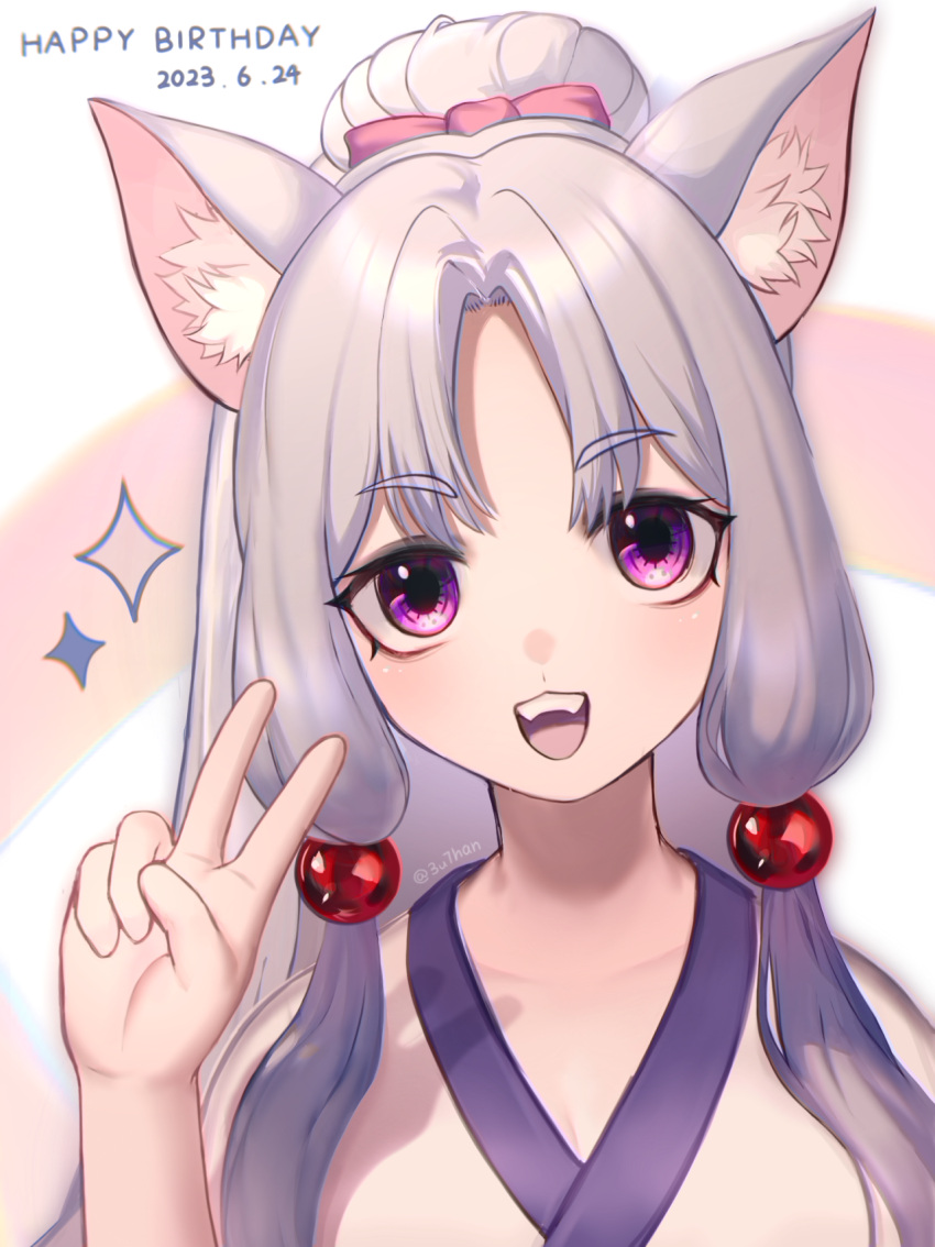 animal_ear_fluff animal_ears bow breasts chinese_commentary cleavage commentary_request dated english_text euthan fangs female fox_ears fox_girl hairbow hand_up happy_birthday highres japanese_clothes kimono long_hair looking_at_viewer medium_breasts open_mouth parted_lips pink_bow purple_eyes sidelocks smile sparkle touhoku_itako twitter_username v voiceroid white_background white_kimono