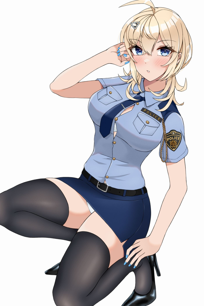 ahoge alternate_costume badge black_footwear black_thighhighs blonde_hair blue_eyes blue_nails blue_necktie blue_shirt blue_skirt breasts female hair_between_eyes hair_ornament hairclip high_heels highres kantai_collection large_breasts looking_at_viewer nail_polish necktie otobi panties pencil_skirt police police_uniform policewoman shirt simple_background skirt solo thighhighs tuscaloosa_(kancolle) underwear uniform white_background white_panties