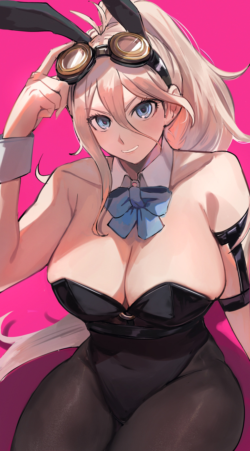 absurdres ahoge alternate_costume arm_up bare_shoulders black_leotard black_pantyhose blonde_hair blue_bow blue_bowtie blue_eyes bojue_(hakus_1128) bow bowtie breasts cleavage collarbone commentary_request danganronpa_(series) danganronpa_v3:_killing_harmony detached_collar female goggles goggles_on_head grin highres iruma_miu large_breasts leotard long_hair looking_at_viewer pantyhose pink_background playboy_bunny ponytail shadow smile solo strapless strapless_leotard wrist_cuffs