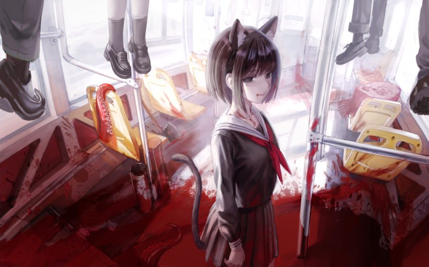 animal_ears black_hair black_skirt blood blood_on_clothes blood_on_face blood_on_ground bus_interior cat_ears cat_tail empty_eyes female hanged highres kafkasea mole mole_under_eye multiple_others original sailor_collar short_hair skirt standing tail yandere