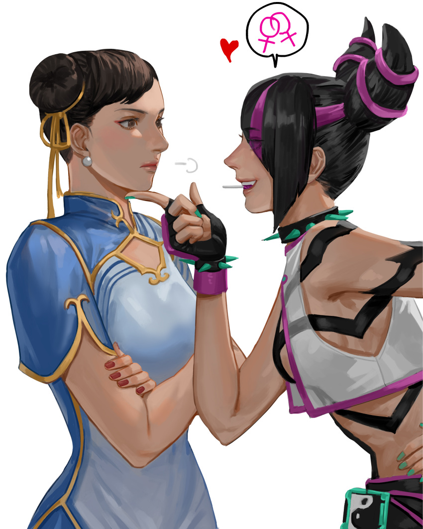 2girls absurdres bbubbubbobbo123 bracelet chinese_clothes chun-li collar earrings green_nails hand_on_another's_chin heart highres interlocked_venus_symbols jewelry juri_han multicolored_hair multiple_girls nail_polish red_nails serious spiked_bracelet spiked_collar spikes street_fighter street_fighter_6 taunting venus_symbol white_background yuri