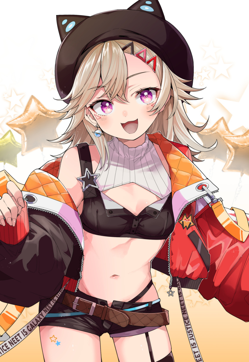 :3 animal_ears bare_shoulders belt beret black_hat black_jacket black_shirt black_shorts blonde_hair breasts cleavage_cutout clothing_cutout cowboy_shot crop_top cropped_jacket fake_animal_ears female garter_straps goten_(510gensoku) hair_ornament hairclip hat highleg highres jacket komori_met long_hair looking_at_viewer micro_shorts midriff multicolored_clothes multicolored_jacket navel off_shoulder open_clothes open_fly open_jacket open_mouth panty_straps puffy_sleeves purple_eyes ribbed_shirt shirt short_shorts shorts sleeveless sleeveless_shirt small_breasts smile solo standing stomach thighs two-tone_jacket undershirt virtual_youtuber vspo! white_shirt