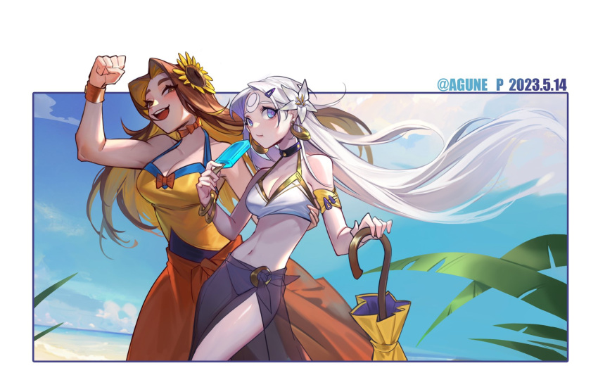 2girls :d agune_p alternate_costume arm_up bare_shoulders breasts brown_eyes brown_hair cleavage clenched_hand collarbone day diana_(league_of_legends) earrings flower food grey_flower hair_flower hair_ornament highres holding holding_food holding_ice_cream holding_umbrella ice_cream jewelry large_breasts league_of_legends leona_(league_of_legends) long_hair medium_breasts multiple_girls navel official_alternate_costume outdoors pool_party_(league_of_legends) pool_party_leona smile sunflower swimsuit teeth umbrella upper_teeth_only white_hair