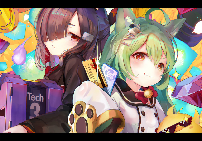 2girls :3 ahoge akashi_(azur_lane) animal_ear_fluff animal_ears azur_lane bird black_hair blunt_bangs box buttons cat_ears chick closed_mouth coin commentary_request credit_card cube deal_with_it_(meme) diagonal_bangs double-breasted expressionless gem gem_(azur_lane) green_hair hair_between_eyes hair_over_one_eye half_updo holding holding_box japanese_clothes jitome kimono letterboxed long_hair looking_at_viewer manjuu_(azur_lane) medium_hair meme mole mole_under_eye multiple_girls red_eyes shiranui_(azur_lane) sleeves_past_fingers sleeves_past_wrists smile split_mouth tech_box_(azur_lane) tocope very_long_sleeves wisdom_cube_(azur_lane) yellow_eyes