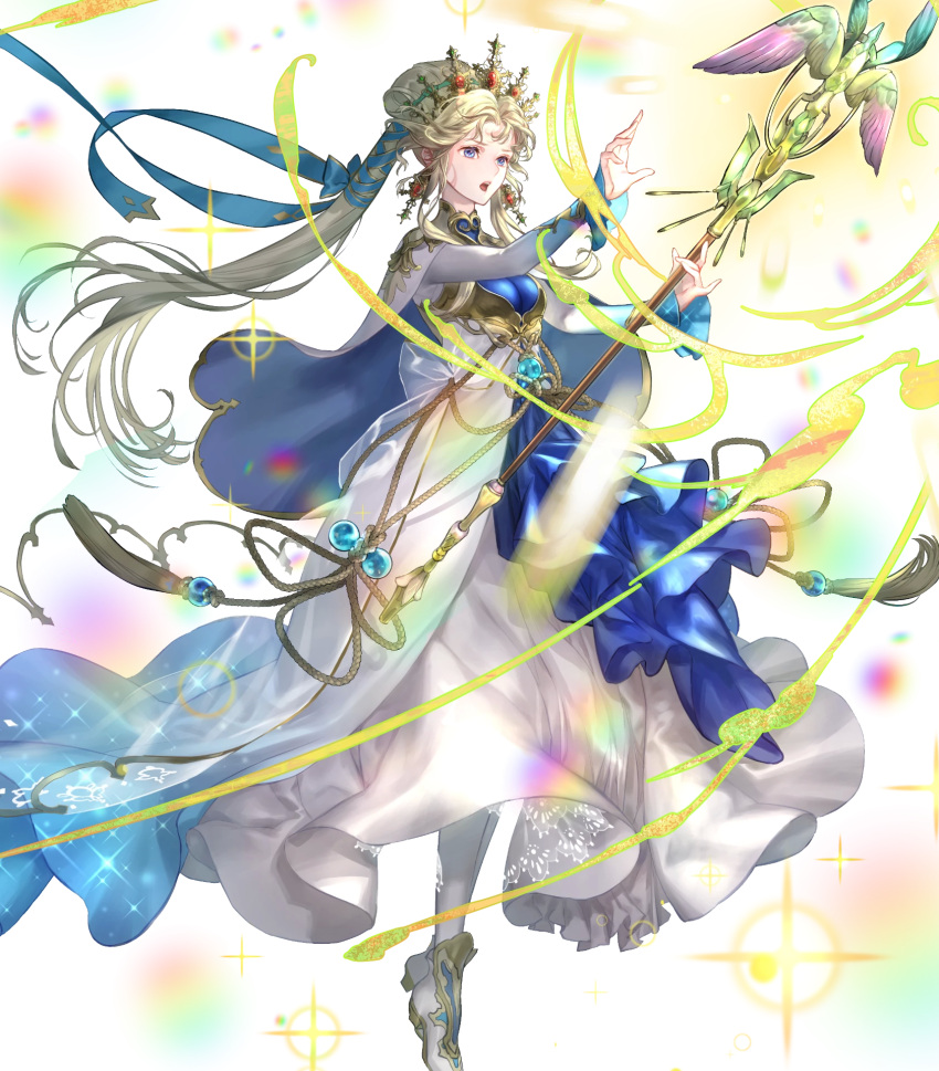 blonde_hair blue_eyes breasts capelet detached_sleeves dress earrings female fire_emblem fire_emblem:_mystery_of_the_emblem fire_emblem_heroes full_body glowing gold_trim gradient_clothes highres holding holding_staff jewelry long_dress long_hair long_skirt long_sleeves medium_breasts non-web_source nyna_(fire_emblem) official_art open_mouth pantyhose ponytail shoes skirt solo sparkle staff suzuki_rika tiara transparent_background turtleneck very_long_hair