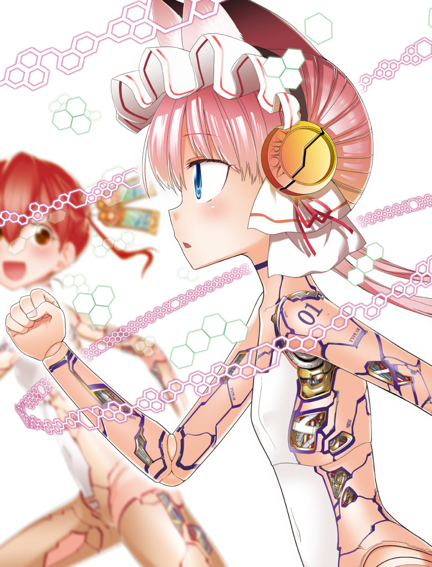 2girls :d android animal_ears blue_eyes blurry blurry_background brown_eyes cat_ears clarion commentary_request cyborg doll_joints flat_chest highres hitotose_rin joints koukaku_no_pandora maid_headdress mechanical_parts multiple_girls nanakorobi_nene nude open_mouth photoshop_(medium) pink_hair red_hair robot_joints running science_fiction smile twintails white_background