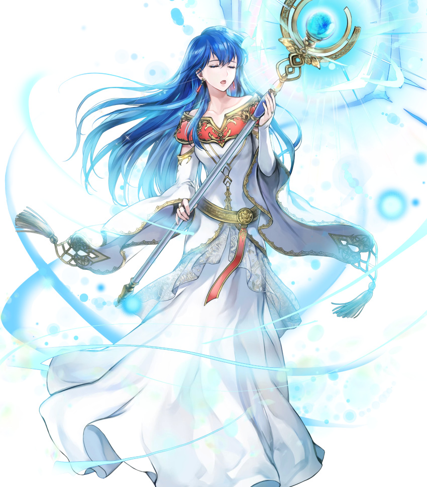 blue_hair bridal_gauntlets closed_eyes collarbone dress elice_(fire_emblem) female fire_emblem fire_emblem:_mystery_of_the_emblem fire_emblem_heroes full_body glowing glowing_staff gold_trim highres holding long_dress long_hair long_sleeves non-web_source official_art open_mouth solo staff transparent_background wada_sachiko white_dress wide_sleeves