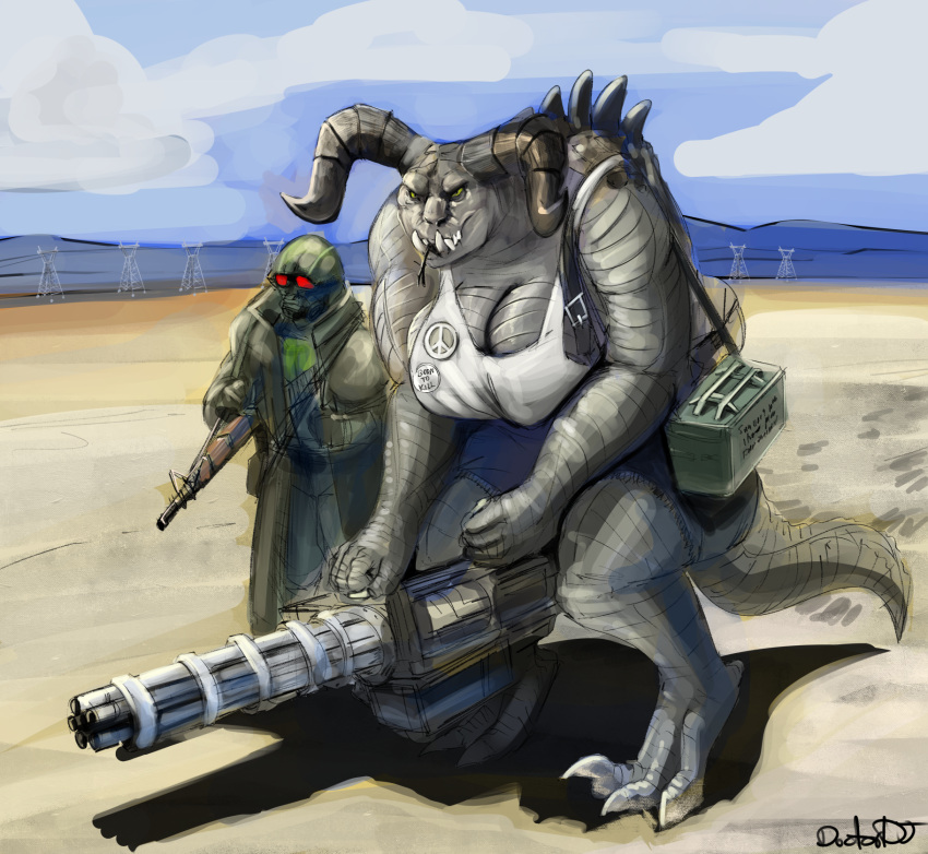 2022 3_toes ammo_box anthro anthrofied armor big_breasts bottomwear breasts claws cleavage clothed clothing cutoffs daisy_dukes deathclaw denim denim_bottomwear denim_clothing desert digital_media_(artwork) doctordj duo fallout fangs feet female forked_tongue fully_clothed gatling_gun gun headgear helmet hi_res holding_gun holding_object holding_ranged_weapon holding_weapon horn hotpants human larger_anthro larger_female machine_gun male mammal mask microsoft minigun monster muscular muscular_female ncr_ranger_(fallout) non-mammal_breasts outside peace_symbol ranged_weapon reptile rifle scalie shirt shorts size_difference sky smaller_female smaller_human tank_top teeth the_courier_(fallout) toe_claws toes tongue topwear weapon