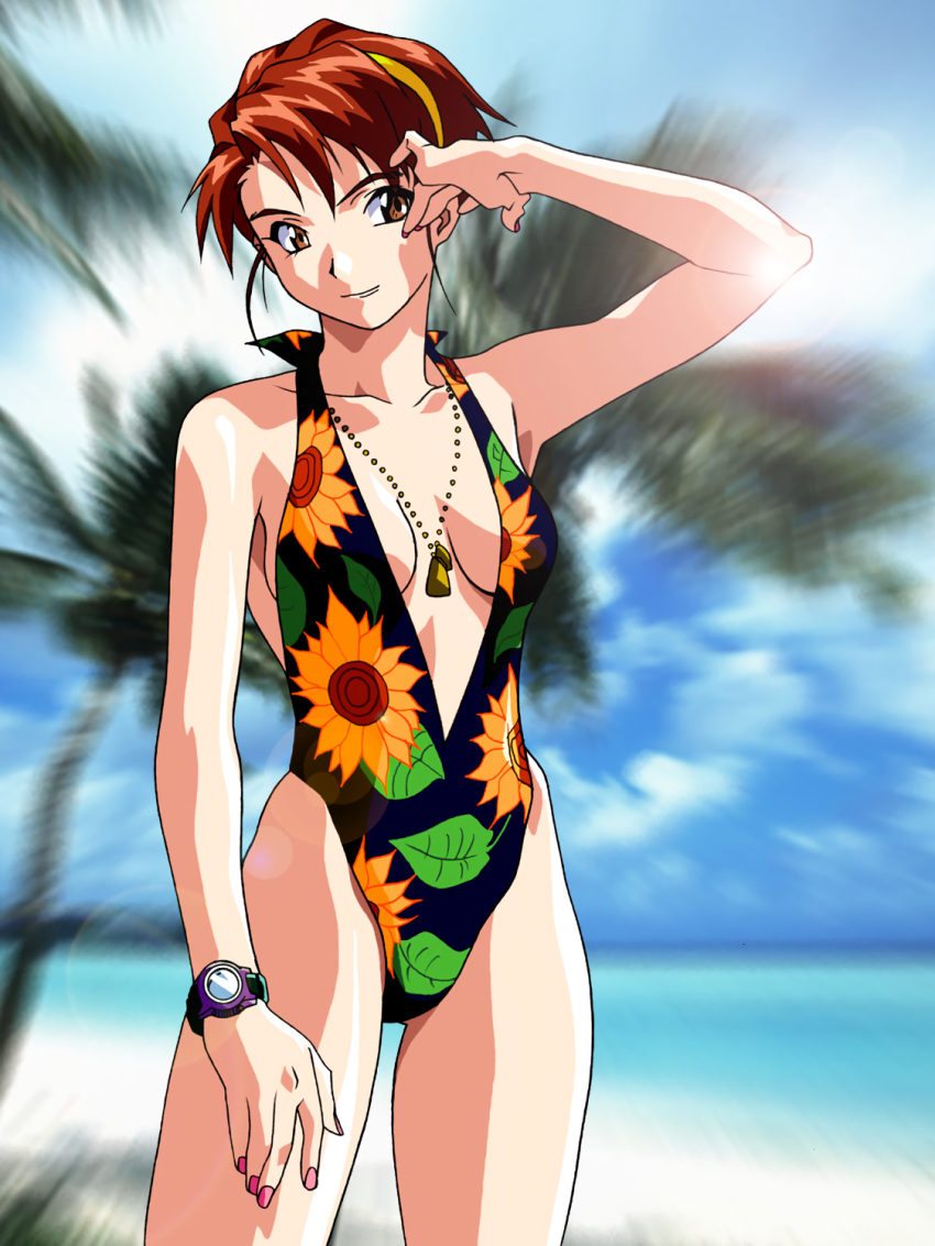 1990s_(style) arm_up beach casual_one-piece_swimsuit center_opening cowboy_shot day female floral_print hairband halterneck highres jewelry lens_flare light_smile looking_at_viewer nail_polish necklace non-web_source official_art one-piece_swimsuit outdoors photo_background photoshop_(medium) pink_nails red_eyes red_hair retro_artstyle short_hair solo swimsuit takiguchi_shouko watch wristwatch yamada_masaki zenkoku_seifuku_bishoujo_grand_prix