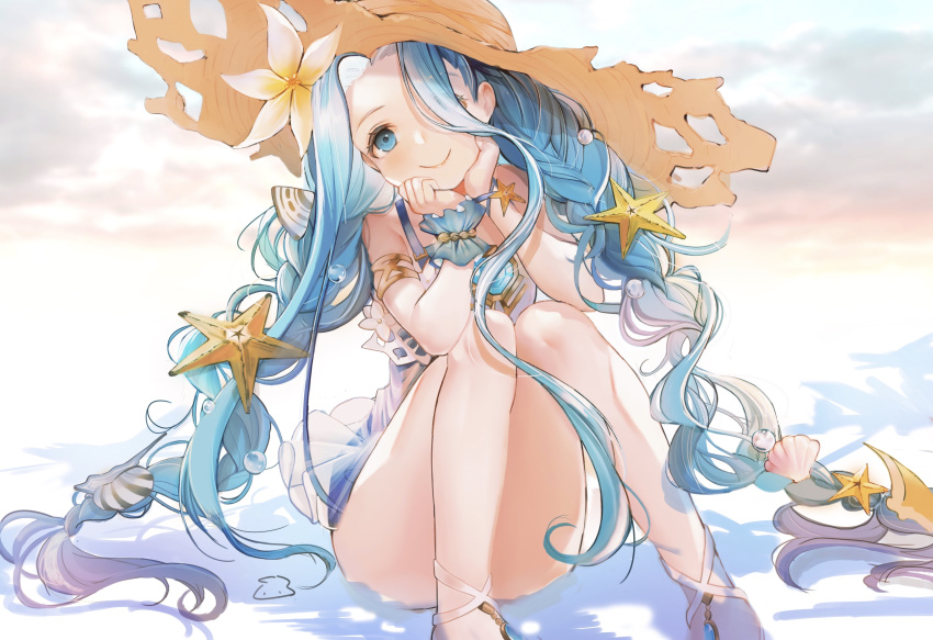 absurdres blue_eyes blue_hair blue_ribbon braid closed_mouth commentary_request dress eyes_visible_through_hair female floating_hair flower granblue_fantasy hair_flower hair_ornament hair_over_one_eye halterneck hat head_tilt highres long_hair looking_at_viewer lyria_(daughter_of_pearl)_(granblue_fantasy) lyria_(granblue_fantasy) official_alternate_costume parayang photoshop_(medium) ribbon see-through short_dress sitting sleeveless sleeveless_dress smile solo straw_hat sun_hat twin_braids very_long_hair white_dress white_flower wrist_cuffs wrist_ribbon yellow_hat