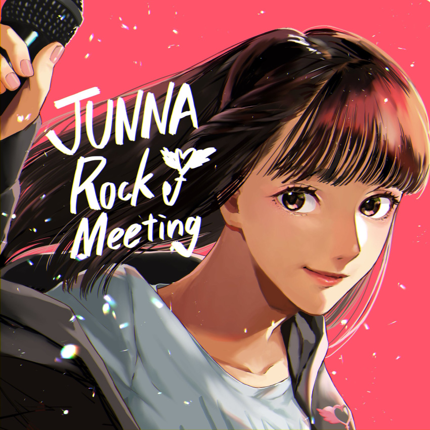 animification brown_eyes brown_hair character_name close-up english_text female highres holding holding_microphone junna_(singer) light_smile looking_to_the_side microphone pink_background pink_nails pote-mm real_life solo voice_actor