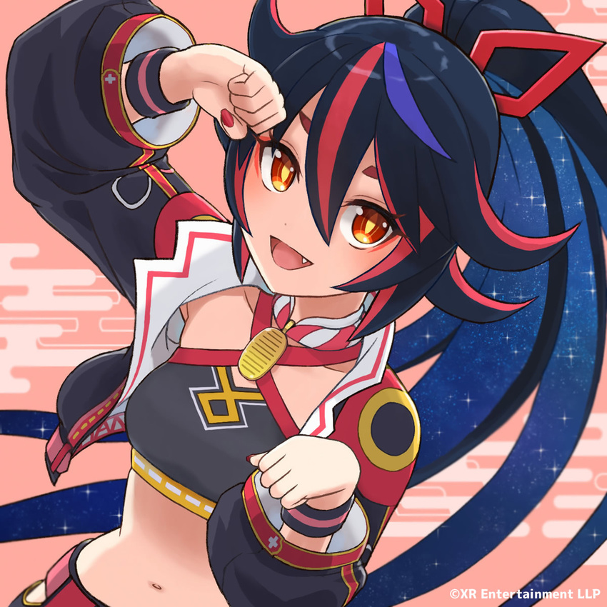 black_hair blue_hair breasts collarbone commentary_request cropped_jacket female fingernails hair_ribbon hanjo_tv harunovt highres jacket kimino_miya long_hair looking_at_viewer midriff multicolored_hair nail_polish navel oerba_yun_fang open_clothes open_jacket ponytail red_hair red_nails ribbon skirt solo stomach virtual_youtuber yellow_eyes