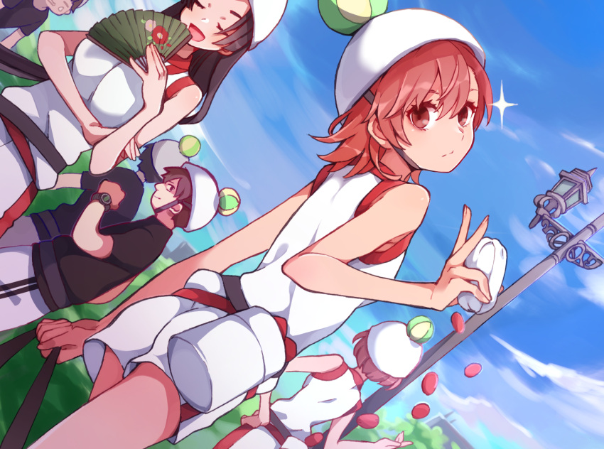 1boy 2others 3girls ambiguous_gender ass baba_yoshio bare_arms bare_shoulders black_hair blue_sky breasts brown_eyes brown_hair canister closed_eyes closed_mouth cloud cloudy_sky day festival floating floating_object foliage gym_shirt gym_shorts gym_uniform hand_fan head_tilt helmet highres holding holding_fan kirifu_megumi kongou_mitsuko lamppost large_breasts levitation long_hair looking_at_viewer looking_back medium_breasts medium_hair misaka_imouto misaka_imouto_10032 multiple_girls multiple_others nanaheibei_3 outdoors paper_balloon paper_fan park people psychic shirt short_shorts shorts sky sleeveless sleeveless_shirt small_breasts sparkle sports_festival standing tank_top telekinesis toaru_kagaku_no_railgun toaru_kagaku_no_railgun_t toaru_majutsu_no_index tokiwadai_school_gym_uniform v white_helmet white_shirt white_shorts white_tank_top