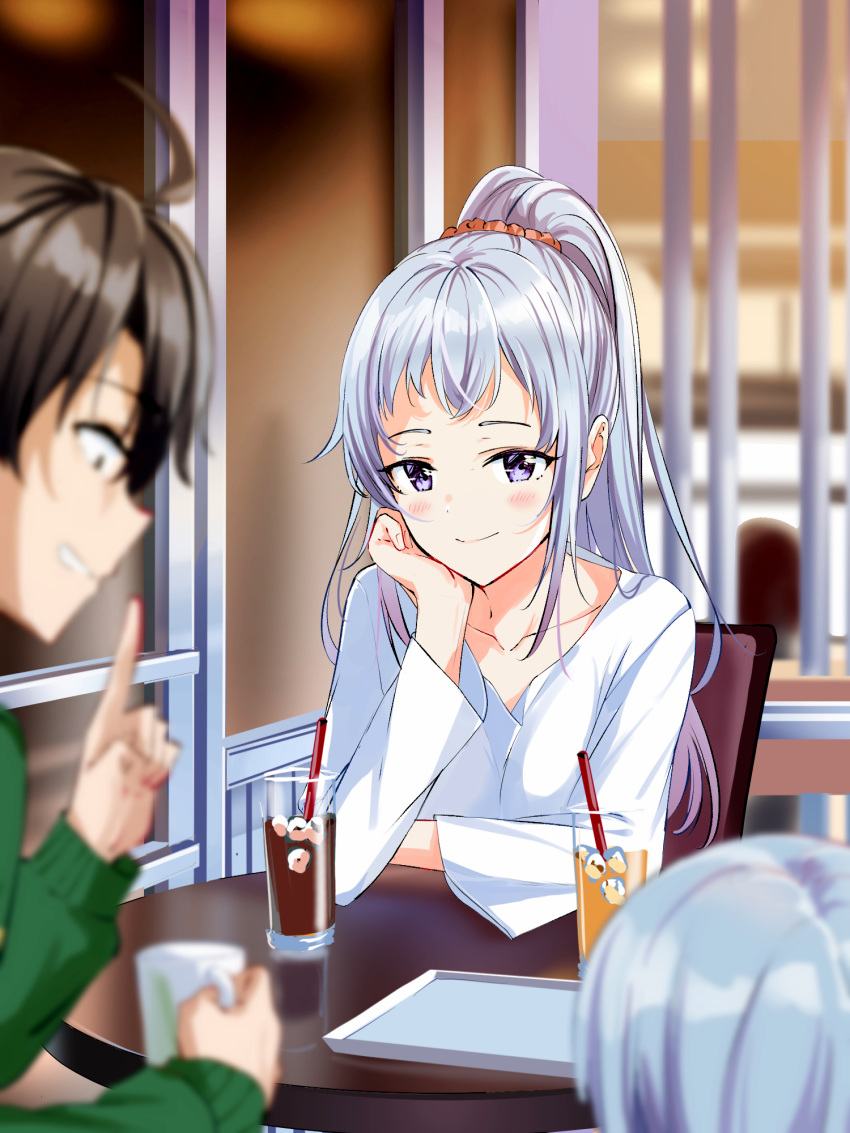 1boy 2girls ahoge blurry blurry_foreground blush brown_hair closed_mouth commentary cup drinking_straw green_sweater grey_hair grin hair_between_eyes hand_on_own_cheek hand_on_own_face high_ponytail highres hikigaya_hachiman ice ice_cube indoors kawasaki_keika kawasaki_saki long_hair looking_at_viewer multiple_girls nonbire orange_scrunchie ponytail purple_eyes scrunchie shirt short_hair sidelocks sitting smile sweater table white_shirt yahari_ore_no_seishun_lovecome_wa_machigatteiru.