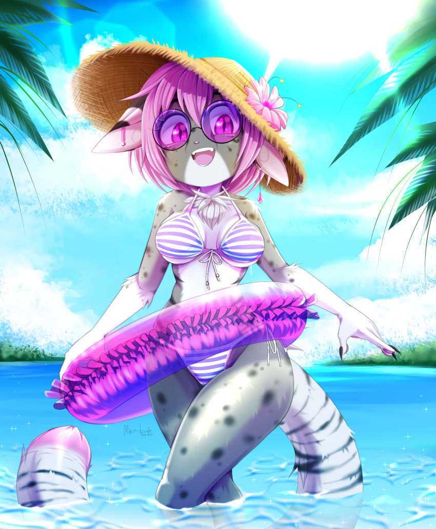 absurd_res anthro bikini bikini_bottom bikini_top breasts claws clothing domestic_cat felid feline felis female fur fynnley_(character) hat headgear headwear hi_res mammal mixed_breed palm_tree plant pool_float savannah_cat sea seaside solo swimwear thick_thighs tree vadimkadno water wet wet_body wet_fur wide_hips